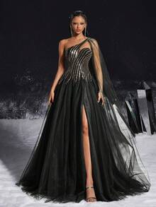Vestido de noche largo asimétrico de malla para mujer VIPGIRL - Negro - Ver 3