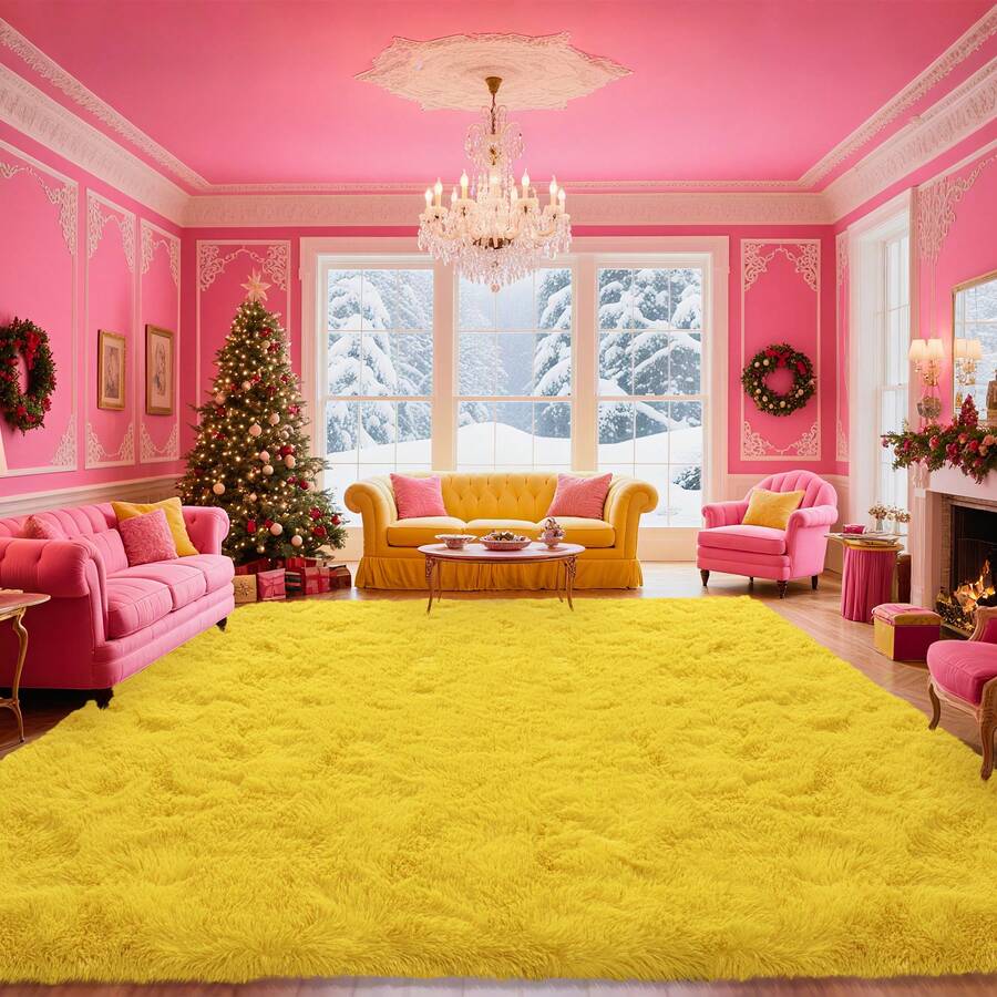 Large Shaggy Area Rug For Living Room & Bedroom – Stain-Resistant Fluffy Carpet With 1.4 In High Pile, Plush Aesthetic Throw Rug, Non-SIip Rubber Backing With 4 Anti-SIip Pads, Durable Edge Stitching – Cozy Minimalist Decor – Great Gift For New Year ! - 黃色 - 查看 1