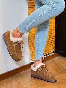 2025 Neue Plateau-Sohle mit rundem Zehenbereich, Retro-Keilabsatz, modische vielseitige Plattform-Winterstiefel mit Schnürung, flauschiger Kante, bequem und ermüdungsarm, Schlupf-On Schuhe für Frauen - Khaki - Übersicht 3