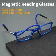 TR90 Magnetic Neck Hanging Reading Glasses, +100 To +400 Magnification, Magnetic Closure - Lightweight Foldable Glasses For Computer, Phone, Books - Compatible With Reading Glasses Or Contact Lenses - Suitable For Elderly And Professionals (Blue Frame/Clear Lens) - Professional Medical Grade Optical Glasses - 藍色 - 查看 2