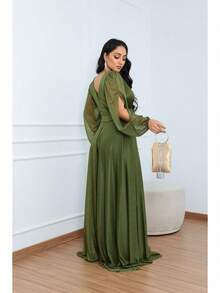 Women's Long Aurora Tulle Dress With Shiny Long Sleeves - 橄欖綠 - 查看 4