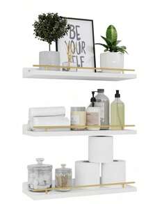 Floating Shelves With Metal Railing Wall Mounted 3 Tier Shelf For Bathroom Kitchen Bedroom - White - View 2