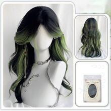 Black Wig Green Highlights Long Wavy Wig With Curtain Bangs 26 Inch Ombre Black To Green Wig Synthetic Heat Resistant For Women Daily Party Halloween Cosplay - 綠色 - 查看 2