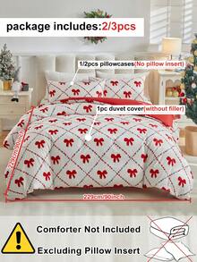 2/3pcs Red & White Christmas Bow Pattern Print Reversible Duvet Cover Set, Cute Cartoon Bedding Set For Christmas, Soft, Breathable, Machine Washable, Christmas Decor, Christmas Gift (1 Duvet Cover + 1/2 Pillowcases, No Filler) - Red and White - View 4