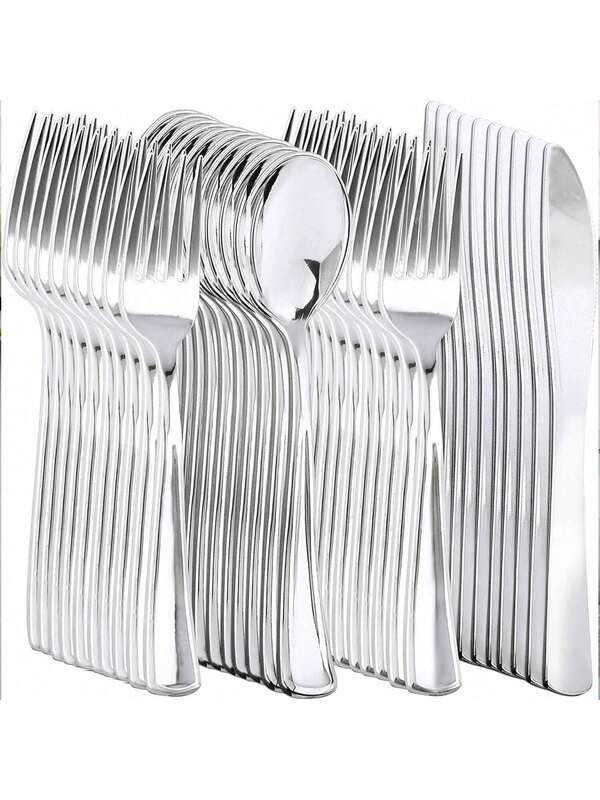 10/25/50/100pcs Silver Cutlery Set. Dessert Fork And Spoon Set Suitable For Home Kitchen, Restaurant, Wedding, Party, Holiday Gathering. Cutlery Knife Fork Spoon Set For Home, Restaurant, Wedding, Outdoor, Birthday, Party, Festival
