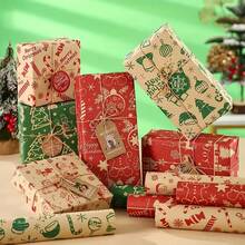 6 Rolls Kraft Christmas Wrapping Paper Set - 19.68x27.55 Inch Sheets! Vintage Retro Style With Santa, Reindeer Patterns For Gift Packaging, Scrapbooking, Xmas Tree Decoration Christmas Pajamas Christmas Decor - Multicolor - View 7