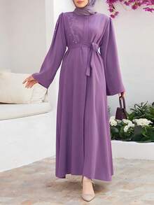 Herbstkleidung für Frauen, Halloween Abaya, elegantes, bescheidenes Kleid mit Knopfleiste, verhindert Leckage von Licht, Gürtel, lange Robe - Violett - Übersicht 4