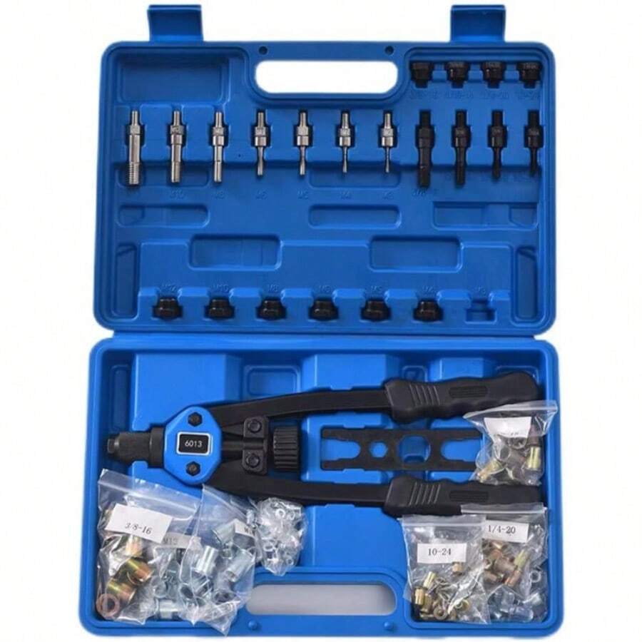 150PCS Professional Hand Rivnut Nut Thread Riveter Gun Repair Tool Set With Carrying Case, 13" Rivnut Tool Kit With 11 Metric And SAE Mandrels - Multicolor - View 1
