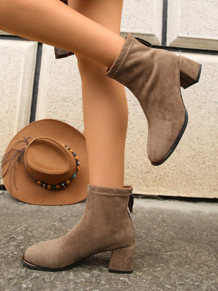 Fall/Winter Women's Western Style Side Zipper Holiday High Heel Ankle Boots, Suitable For Daily Wear - Khaki - View 1