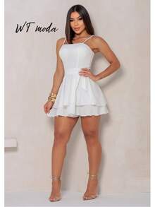 WT Elegant Short Romper SimpleCasualLayeredBacklessNoStylish Women Summer Romper - 白色 - 查看 4