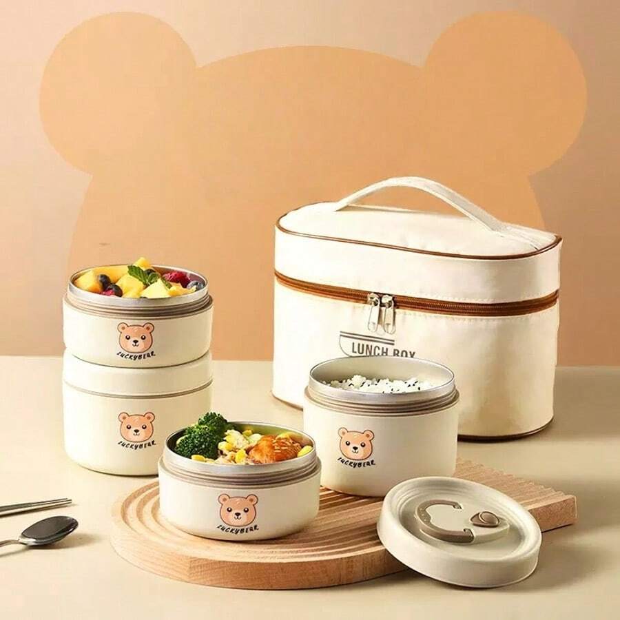 4pcs Stainless Steel Thermal Bowls + 1pc Insulated Bag, 304 Stainless Steel Thermal Lunch Box Set, Leak-Proof Thermal Lunch Container, Suitable For School, Office, Outdoor Camping And Home Use, Microwave (Milky White) - Multicolor - View 1