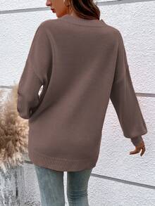 Women's Casual Crew Neck Pullover Solid Color Drop Shoulder Patch Pocket Sweater - Maroon - View 6
