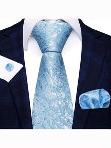1pc Floral Necktie, Pocket Square & Cufflinks Set, Sky Blue Tie 7.5cm, Suitable For Occasions Like Holidays, Weddings, Work
