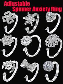 1 pièce Bague de soulagement de l'anxiété réglable et rotative pour femmes, en forme de fleur, cœur, flocon de neige, lune, étoile, nœud avec zirconium serti. Aide les femmes à soulager l'anxiété et le stress - Multicolore - Voir 1
