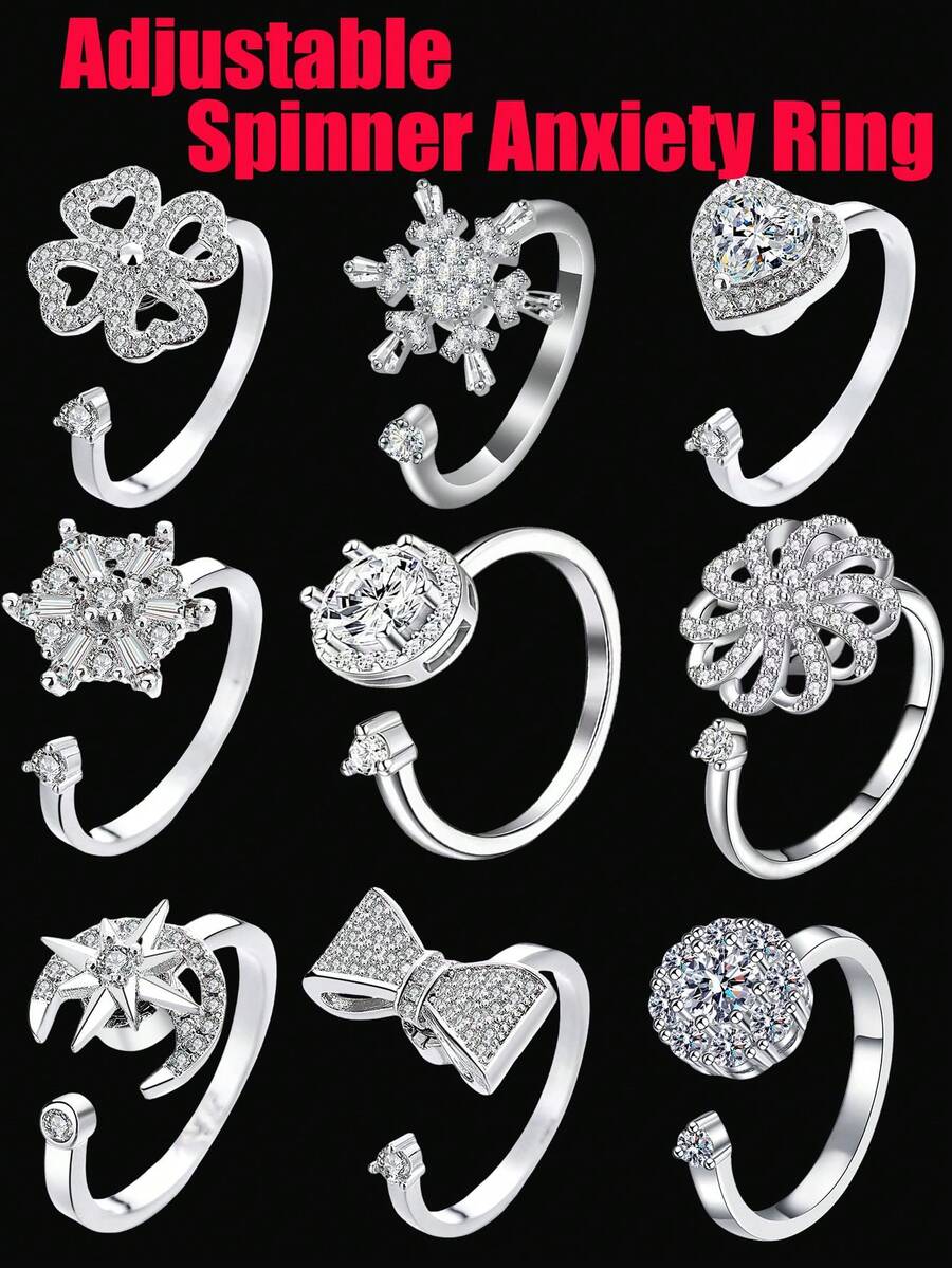 1 pièce Bague de soulagement de l'anxiété réglable et rotative pour femmes, en forme de fleur, cœur, flocon de neige, lune, étoile, nœud avec zirconium serti. Aide les femmes à soulager l'anxiété et le stress - Multicolore - Voir 1