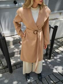 Abrigo largo de mujer de unicolor elegante para uso diario con solapa, cinturón de cintura, botones de contraste y bolsillos