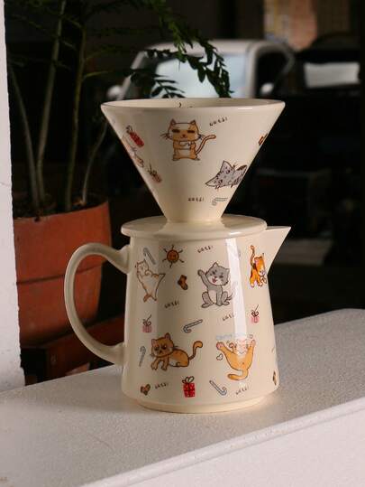 1 Peça Bule de Café de Gotejamento de Cerâmica com Padrão de Gato Fofo, Bule de Compartilhamento, Bule de Compartilhamento de Cerâmica de Alta Qualidade com Acabamento Reativo, Copo Filtro de Extração, Conjunto de Cafeteira Doméstica, Adequado para Cafeteira de Gotejamento, Bule de Café para Compartilhamento Familiar, Adequado para Uso Doméstico e Restaurante