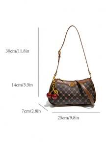 Klassische multifunktionale einfarbige PU wasserdichte Schultertasche, Metallschnallen-Dekor, Unterarmriemen-Design, Kaffeefarbe; Schultertasche mit Allover-Muster und Kirschanhänger-Dekor, Unterarmriemen-Design; Damen Pendlertasche, geeignet für Einkaufen, Pendeln und Ausflüge. - Kaffeebraun - Übersicht 7