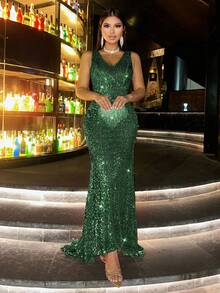 CHOSMO Đầm không tay cổ chữ V đính sequin dáng đuôi cá thanh lịch dành cho nữ, thích hợp cho đám cưới, tiệc tùng, sinh nhật. - Màu xanh lá cây đậm - Xem 5