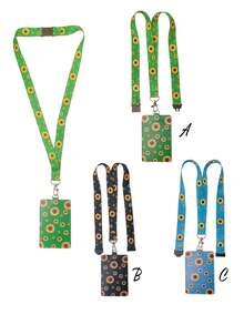 1 件时尚向日葵图案挂绳 - 耐用织物颈带，带钥匙扣夹和蝴蝶手机挂绳，钥匙扣徽章夹 - 彩色 - 查看 2