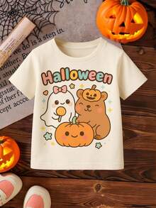 Playera infantil Halloween con estampado de fantasma, animalitos, calabaza - Albaricoque - Ver 2