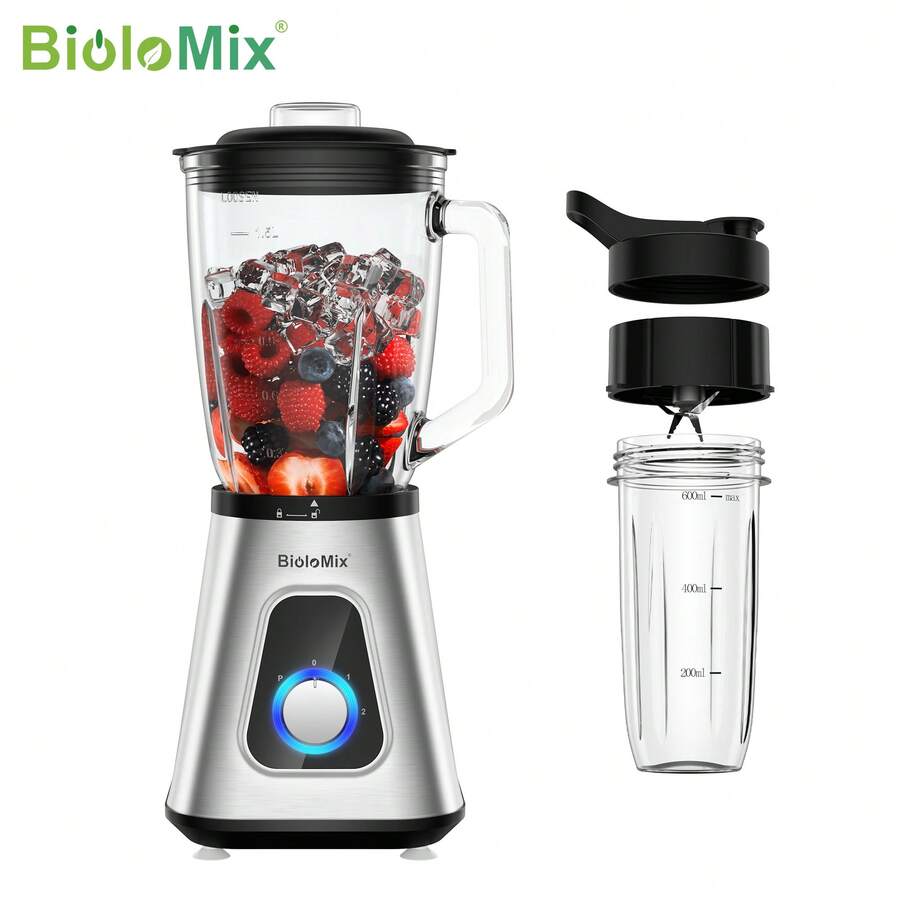 BioloMix 1300W Blender with 1.5L Glass Jar, 600ml Plastic Bottle, Two Speeds & Pulse Function - Tipo de Enchufe A USA (110-127V) - Ver 1
