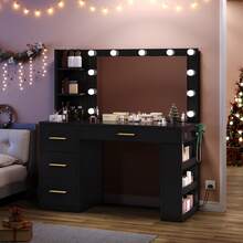 Large Vanity Desk With Large Lighted Mirror 11 Lights Makeup Vanity Table With 4 Drawers & 3 Storage Shelves, Makeup Vanity Desk, Vanity Table Set For Bedroom Black - 黑色 - 查看 8