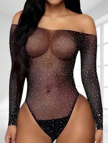 Women's Sexy Shiny Rhinestone Metallic Mesh Bodysuit/Lingerie - màu đen - Xem 4