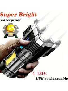 1 件 LED 手电筒，带 COB 侧灯，4 个 LED 手电筒，4 种模式，USB 可充电防水 LED 手电筒，露营工具，圣诞礼物，电池：400mAh - 彩色 - 查看 3