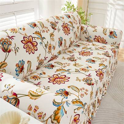 1pc European Style Large Floral Brushed Sofa Cover With Skirt, All-Inclusive Sofa Slipcover, One-Piece Fitted Sofa Protector, Suitable For Living Room, Bedroom, Outdoor, Home Decor