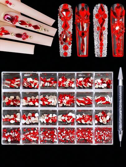 24pcs Champagne Color Nail Art Dotting Pen Set With Rhinestone Storage Bag - Super Shiny Nail Gems, Home Manicure Decoration Kit, Suitable For Nail Stickers, Back To School And Holiday Decoration Nails