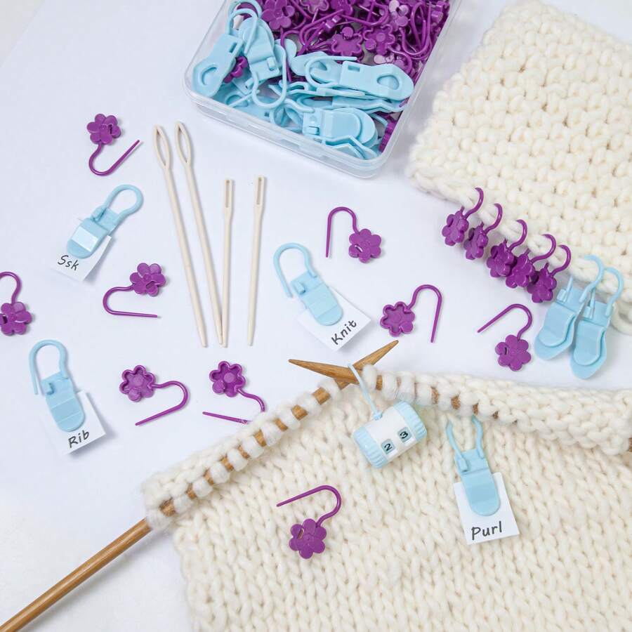 85pcs Floral Stitch Markers With Locking Mechanism - Non-Slip Crochet Locking Stitch Markers, Purple And Teal Flower Stitch Markers For Sweaters, Amigurumi, Lace Patterns - Plastic Organizer For Knitting And Crochet Enthusiasts - Ideal Gift For Knitting And Crochet Projects, Yarn Decor Markers, Stylish Storage Box, Colorful Accessories, Smooth Surface, For DIY Hobbyists