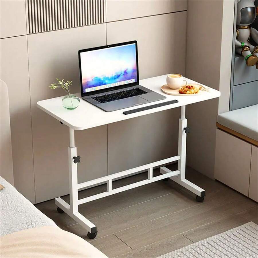 Desks With Casters, 65-87 Cm, Height-Adjustable Mobile Standing Desk, Overbed Table, Foldable Laptop Table, 180° Rotating Tabletop For Office, Living Room, Bedroom - White - View 1