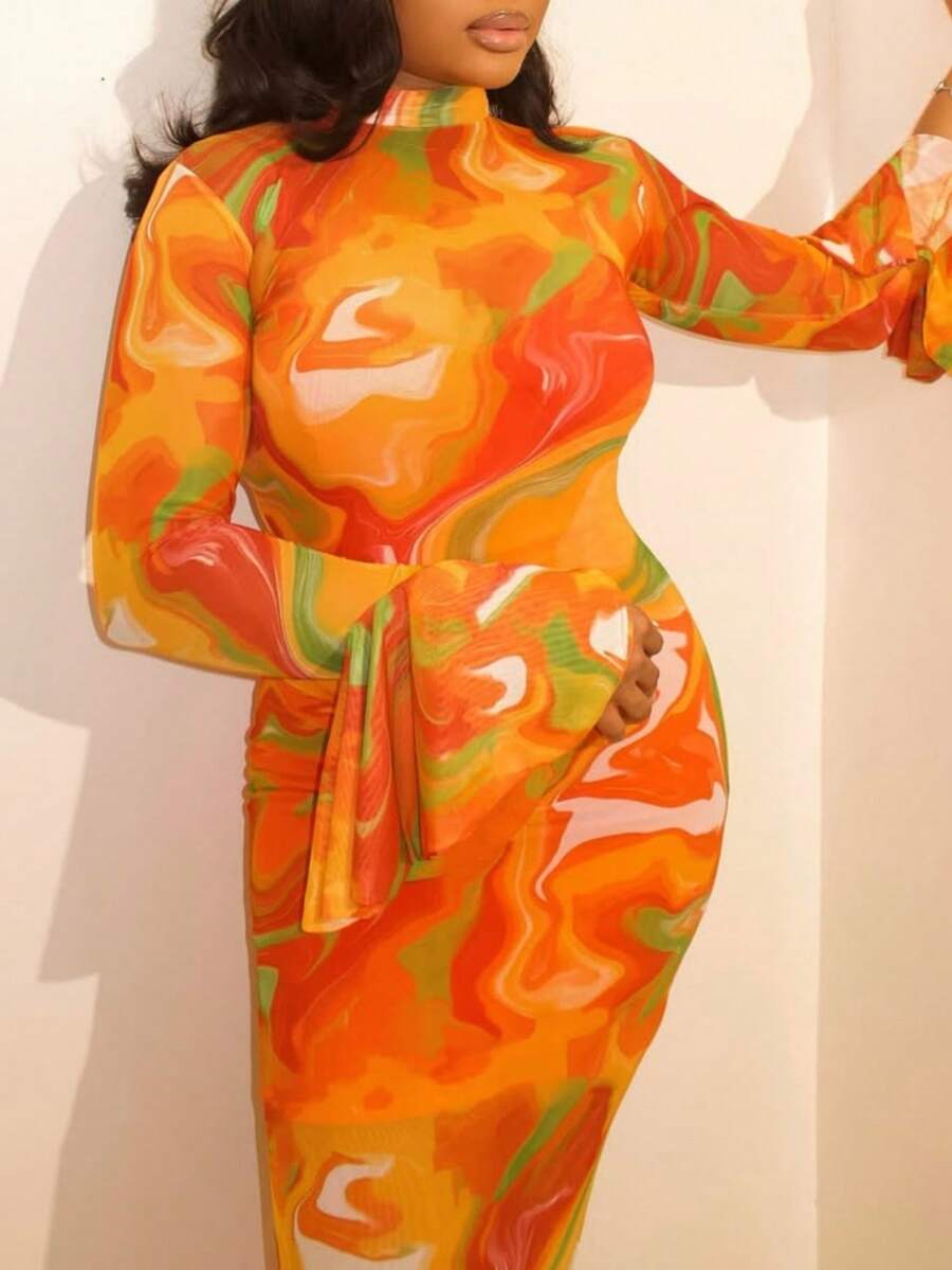 Teleisa Autumn Orange Long Flowy Dress Formal Elegant  Long Sleeve Dress Hocoming Party Date Night Outfits - 橘色 - 查看 1
