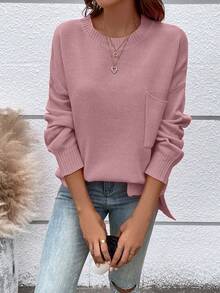 Women's Casual Crew Neck Pullover Solid Color Drop Shoulder Patch Pocket Sweater - Pink - View 8