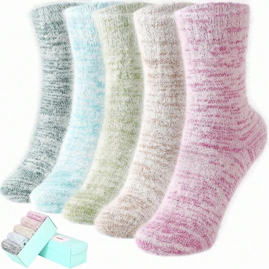 SISOSOCK 5 Pairs Fuzzy Soft Cozy Fluffy Socks Women, Casual Thick Plush Comfy Sleep Socks, Warm Winter Gifts Women - 多色-1 - 查看 1