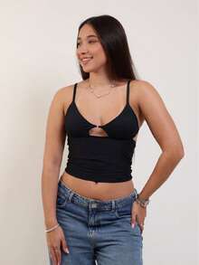 Cropped Tank Top With Plunging Neckline In Polyamide – Thin Straps And Cut-Out Detail | Sexy And Comfortable - 黑色 - 查看 3