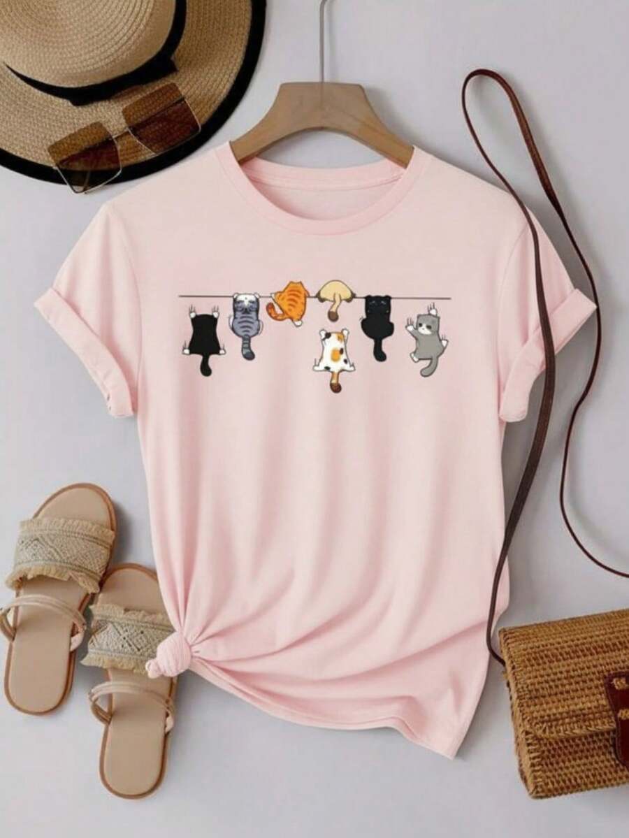 Women's Cotton T-Shirt Kittens Climbing The Wall Blouse Premium Mesh Short Sleeve Round Neck Shirt - 淺粉色 - 查看 1