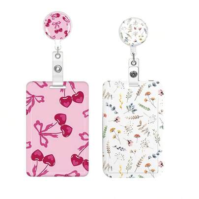 1 件（徽章夹 + 卡夹）可爱甜美粉色樱桃蝴蝶结护士证件夹、名片夹、伸缩徽章卷轴，适用于教师、学生、医护人员、女士办公室配件（甜美樱桃图案）