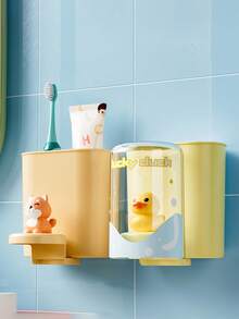 1 peça adorável desenho animado golfinho e urso suporte de escova de dentes de parede com copo de enxágue - plástico ABS durável, organizador de banheiro multifuncional para pasta de dente e escovas, decoração fofa de banheiro - Multicolorido - Ver 11
