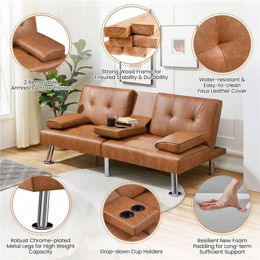 Butterslay 1PC 3-In-1 Faux Leather Convertible Sofa Bed Futon Ergonomic Adjustable Cup Holders Drop-Down Table Throw Pillows Space-Saving 772lb Capacity For Living Room Bedroom Guest Room, White/Gray/Espresso/Brown/Black - 棕色 - 查看 1