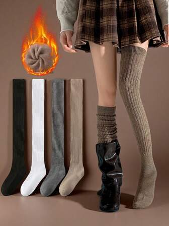 1/2/3/4 Pairs Women Over-The-Knee Socks, Sporty Style, Thick Warm Socks, Wrinkle Design Thigh High Socks, Fashion Stockings, European & American, Y2K Korean Style, Solid Color Versatile, Black, White