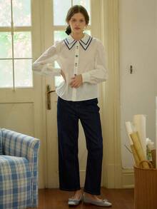 Simple Retro 女士白色翻领衬衫，饰以蓝色蕾丝彼得潘领和花卉刺绣，长泡泡袖，梭织面料，打造甜美秋日造型 - 白色 - 查看 5