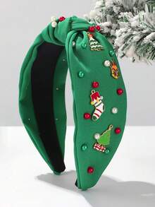 1pc Women's Green Christmas Wide Brim Knotted Pearl Headband, Christmas Holiday Hair Accessory, Hair Band, Hair Hoop ,Hairband For Women