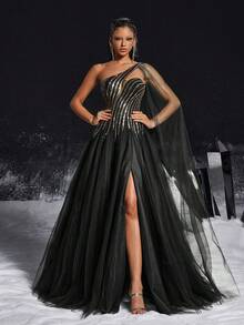 Vestido de noche largo asimétrico de malla para mujer VIPGIRL - Negro - Ver 4