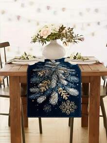 1pc, Hand-Painted Wind Golden Christmas Tree Table Runner Dark Blue Christmas Table Decoration, Suitable For Holiday Catering Machine Washable Tablecloth, Suitable For All Table Sizes. - Blue - View 4