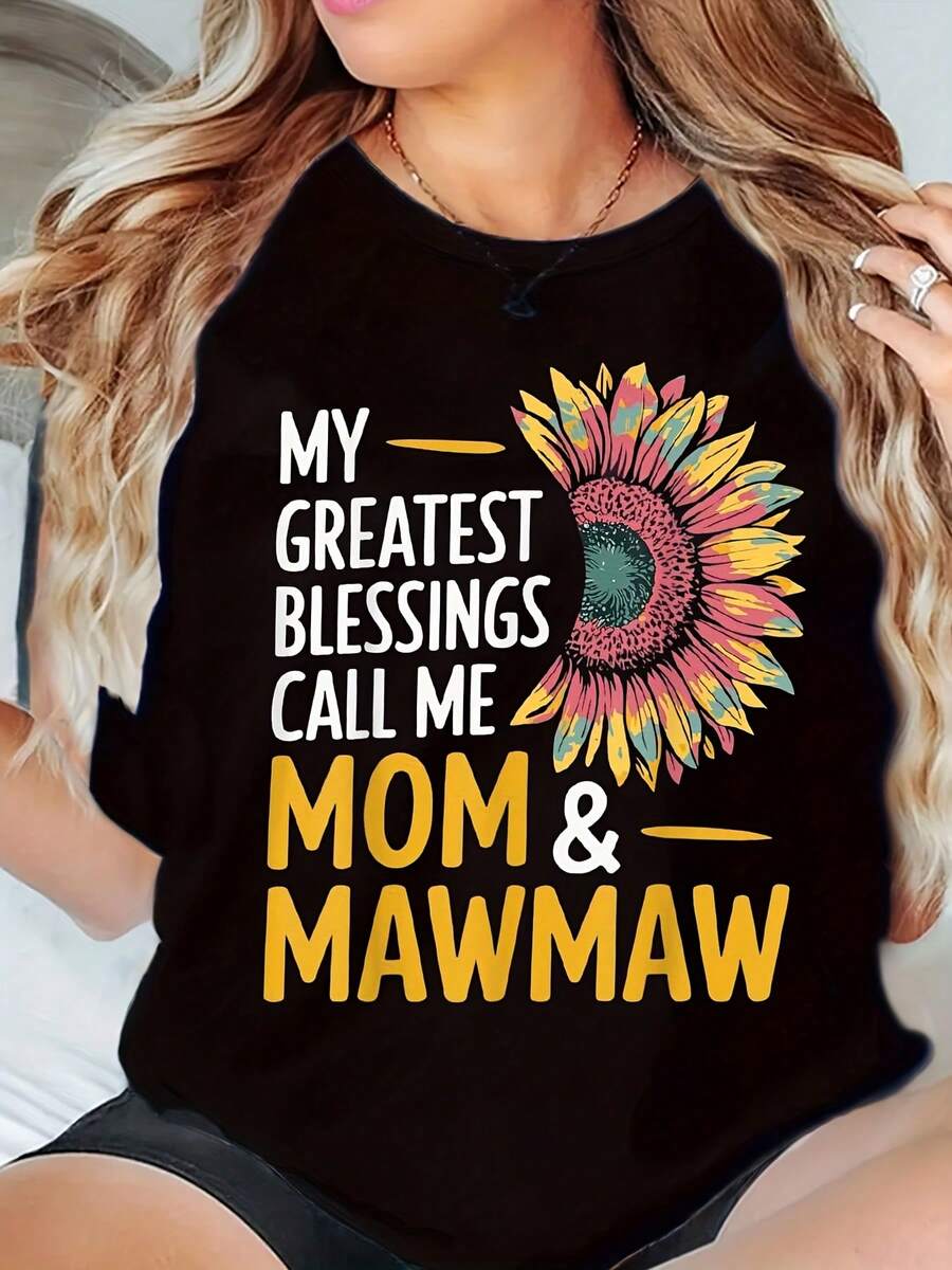 Oversized Women's Casual T-Shirt With Sunflower My Greatest Blessings Call Me Mom & Mawmaw Print For Family Gatherings - Fast Arrival - màu đen - Xem 1