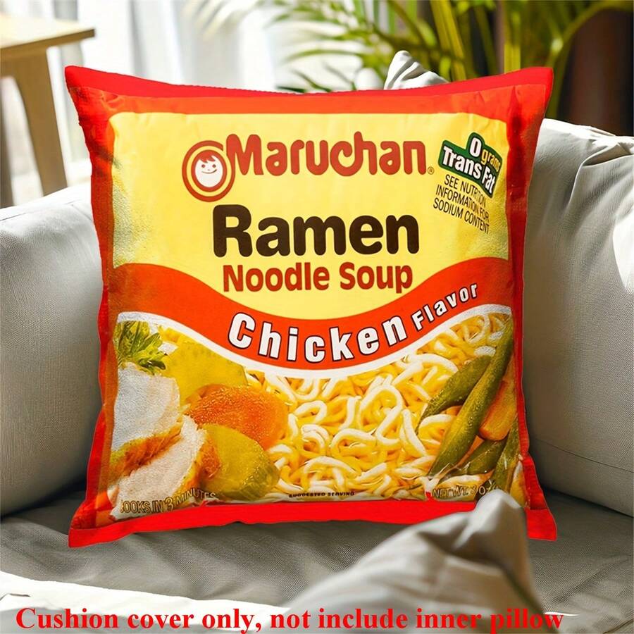 1 pieza Funda de almohada decorativa conveniente de sopa de pollo y ramen, funda de almohada con temática de comida novedosa, tela suave de piel de durazno, para decoración del hogar, al aire libre, dormitorio, sala de estar y sofá, 17.7*17.7 pulgadas (sin relleno de almohada)