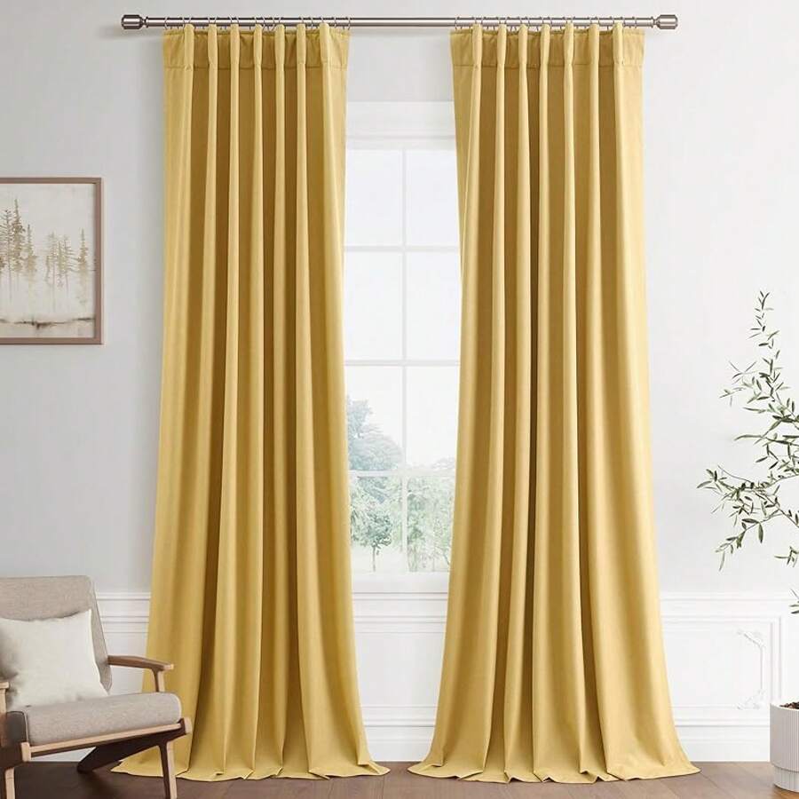 Beige Linen% Blackout Curtains 84 Inch Long, Rod Pocket/Back Tab/Hook Belt/Clip Rings, Thermal Insulated Drapes Bedroom Living Room With Hooks (1 Panel, 60 X 84), Stylish Window Treatments - 金黃色 - 查看 1