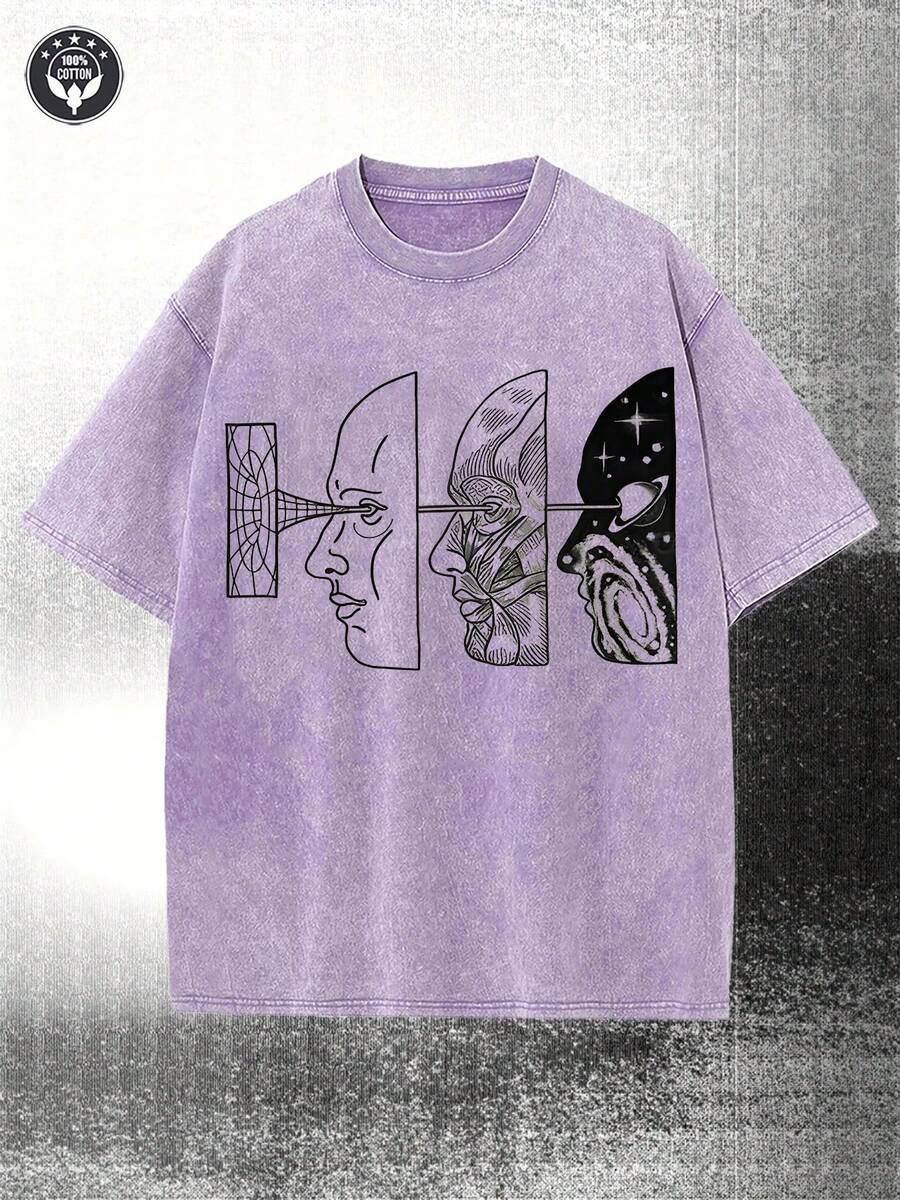 230g Washed, Reality Manipulated By Thoughts Printed Men's T-Shirt, High-Quality Batik Cotton All Season Casual T-Shirt, Street Or Outdoor, Perfect Gift For Holidays - 紫色 - 查看 1